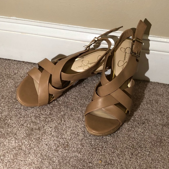 Tan Peep Toe Wedges - Picture 2 of 6
